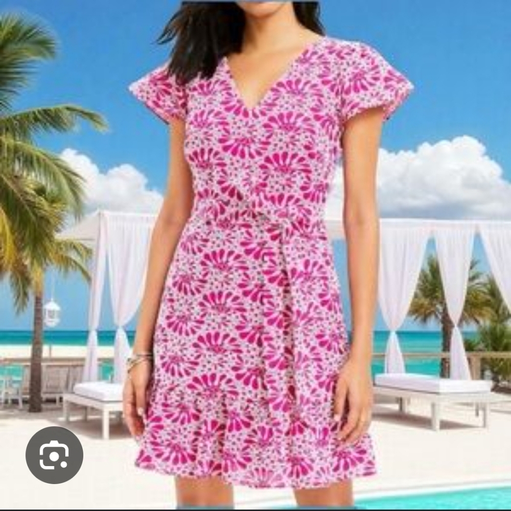 LOFT Pink and White Eyelet Belted Sundress with Flutter Sleeves